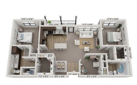 Floor plan for 2 beds, 2 baths, 1303 sqft